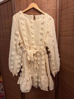 Textured Cream Mini Dress with Tie Waist